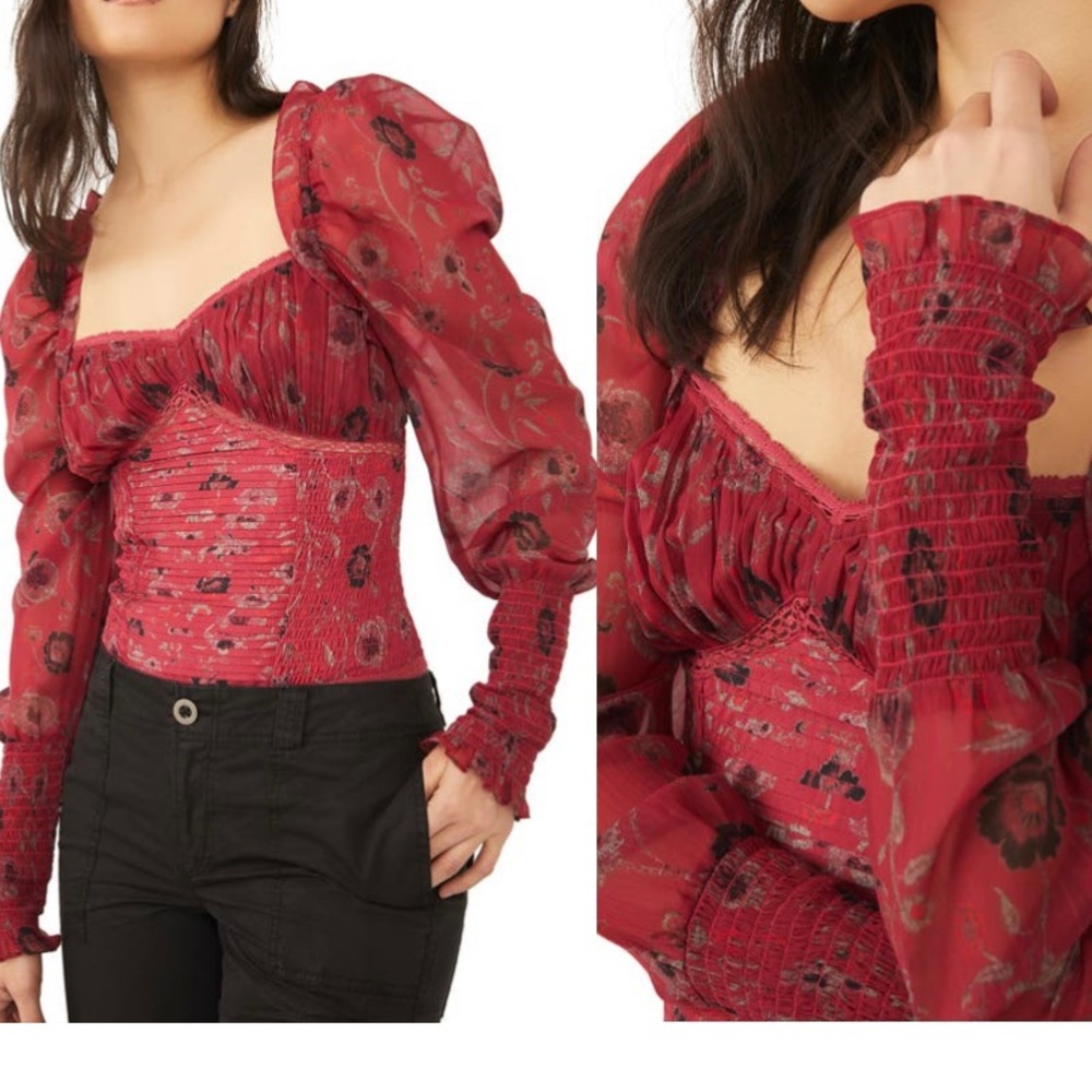 Free People Intimately Brunch Date Floral Bodysuit Red Print S NWT Retail $128